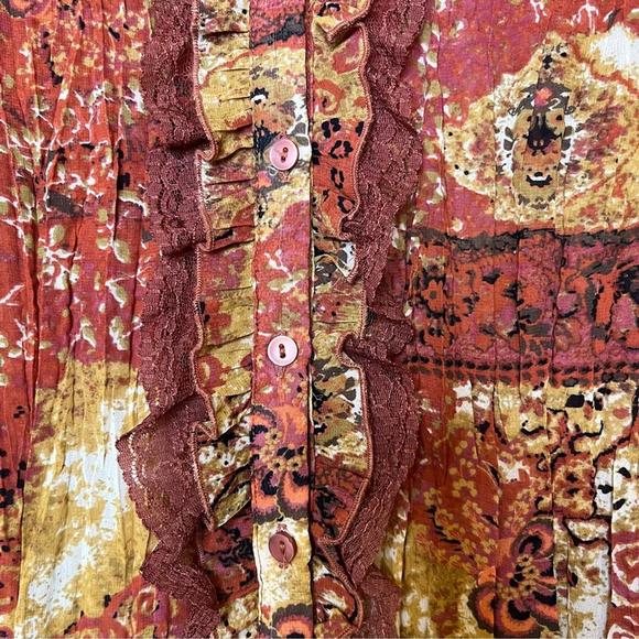 VINTAGE Lloyd Williams Long Sleeve Blouse Print Plisse Lace Trim High Neck (CN) - Picture 12 of 16